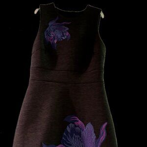 Charcoal grey, knee length embroidered dress, poly/nylon/spandex; lined